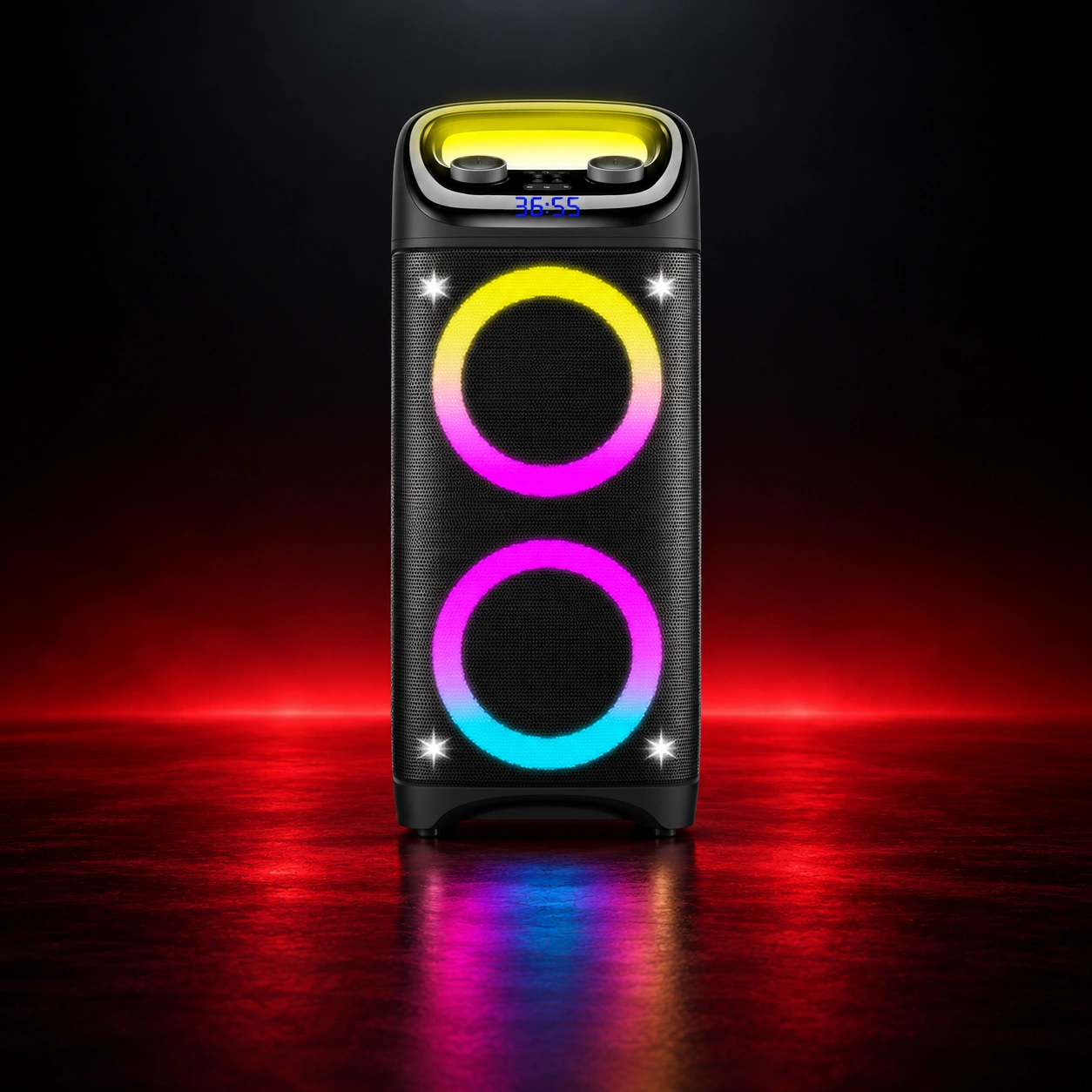 DX66 dual speaker on a dark red-lit stage