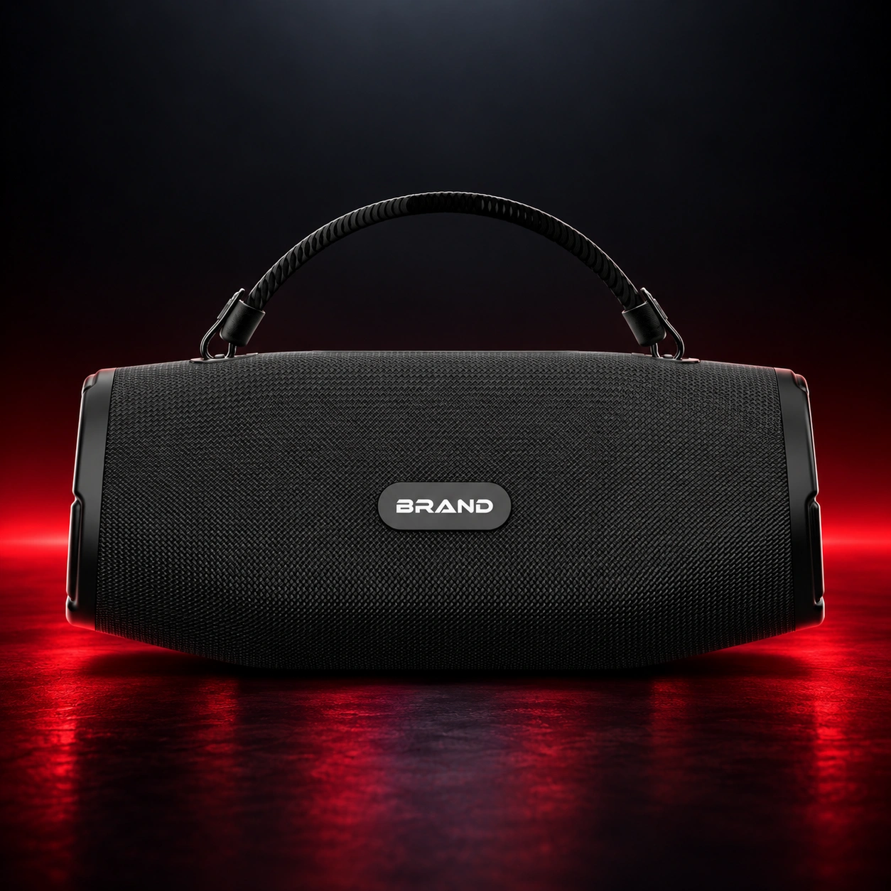 V3 fabric portable speaker centered on a dark red-lit stage