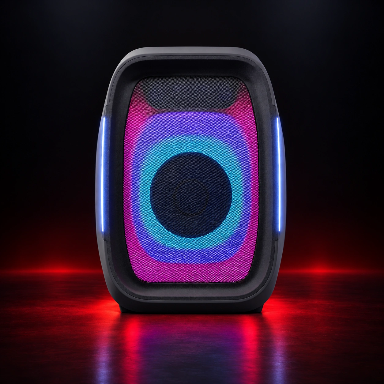 X1 single speaker on a dark red-lit stage